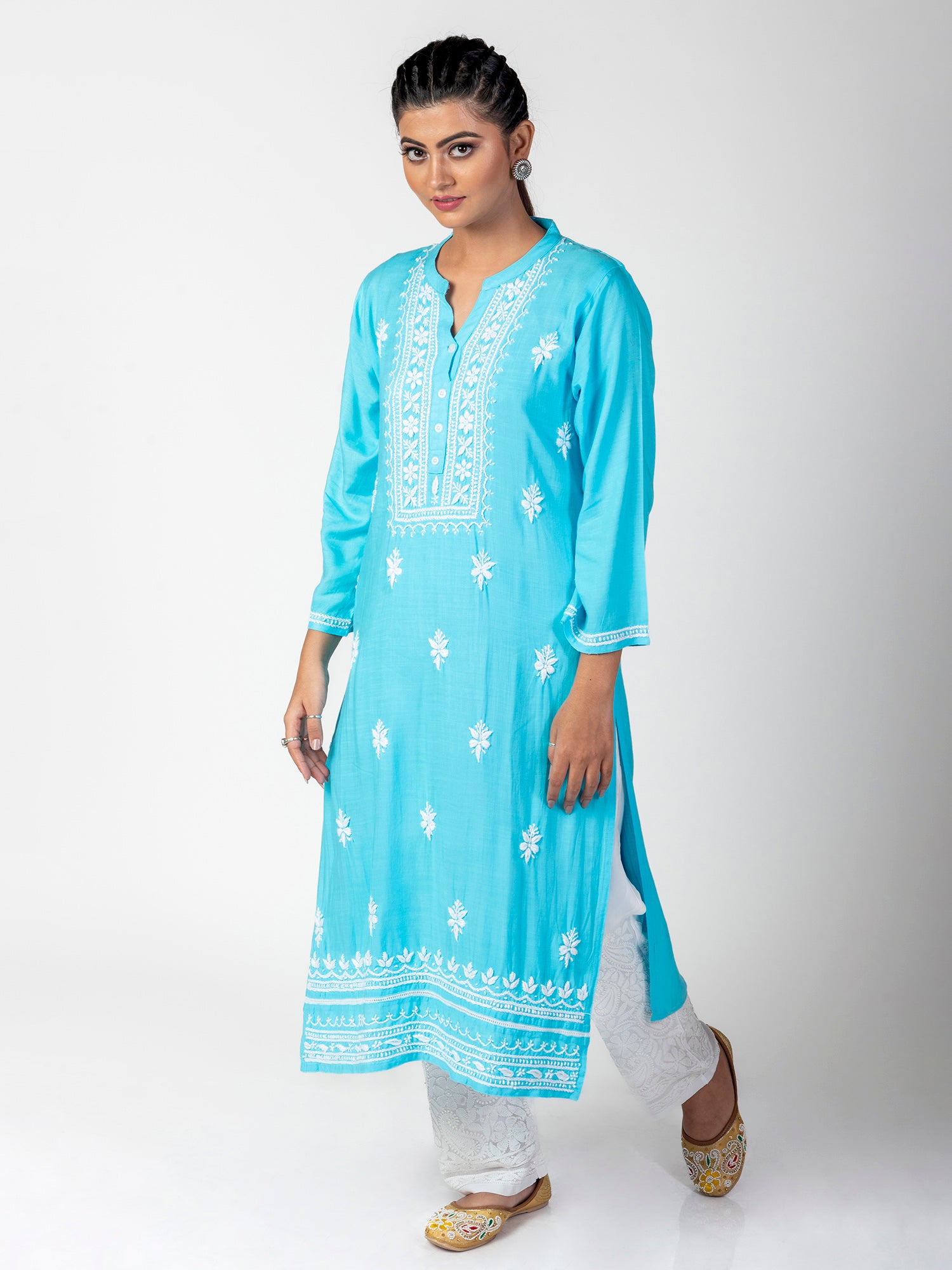 Buy Casual Wear Firozi Embroidery Work Rayon Cotton Kurti With Pant Online  From Surat Wholesale Shop.
